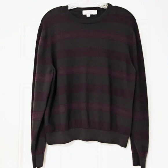 Calvin Klein Women's Sweater Crew Neck Merino Wool Stripe Soft Olive Eggplant L - Picture 2 of 11